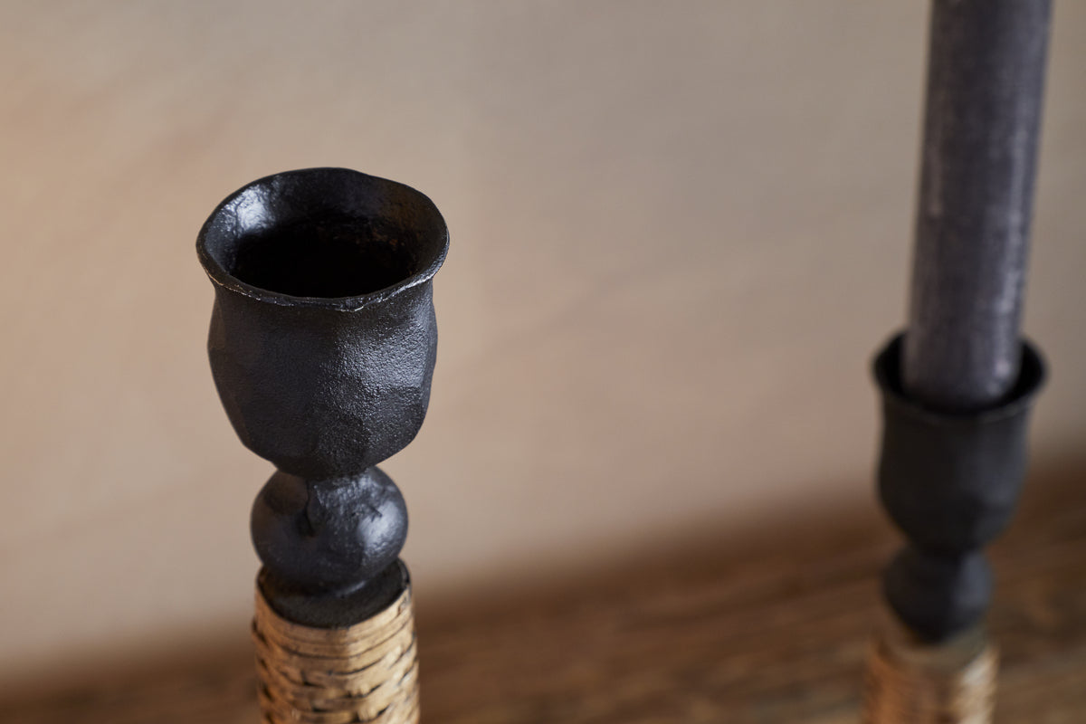 Musika Woven Candle Stick - Black & Natural-CANDLES HOLDERS & LANTERNS-Nkuku
