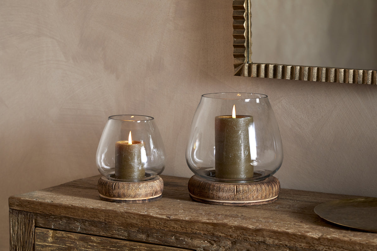 Ika Mango Wood & Recycled Glass Lantern - Natural & Clear-CANDLES HOLDERS & LANTERNS-Nkuku