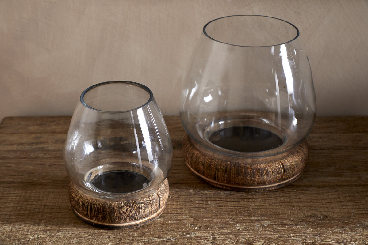 Ika Mango Wood & Recycled Glass Lantern - Natural & Clear-CANDLES HOLDERS & LANTERNS-Nkuku