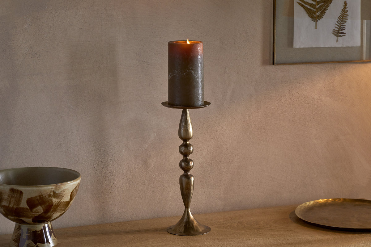 Ayo Pillar Candle Holder - Brass-CANDLES HOLDERS & LANTERNS-Nkuku