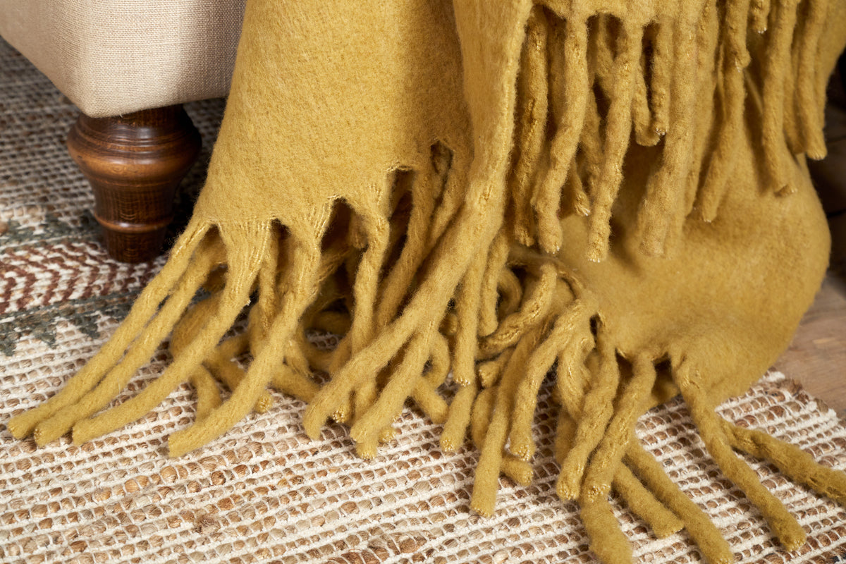 Velatu Fringed Merino Wool Throw - Ochre-TEXTILES-Nkuku