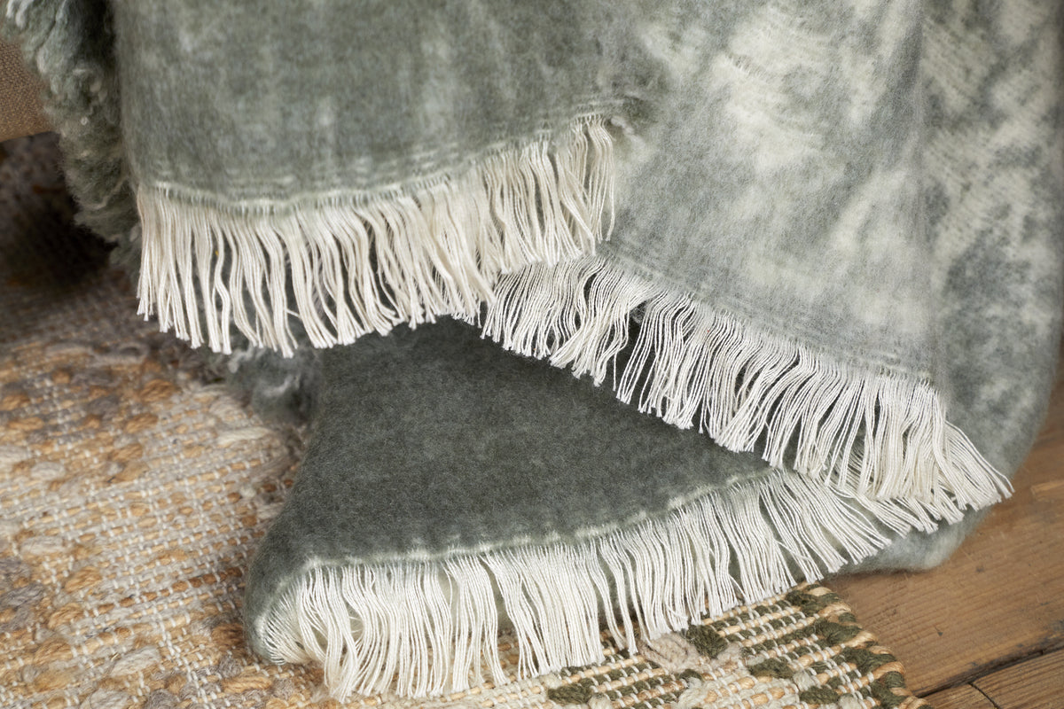 Kambali Distressed Wool Jacquard Throw - Moss-TEXTILES-Nkuku
