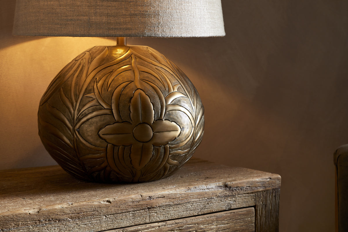 Purana Etched Table Lamp - Brass-LAMPS-Nkuku