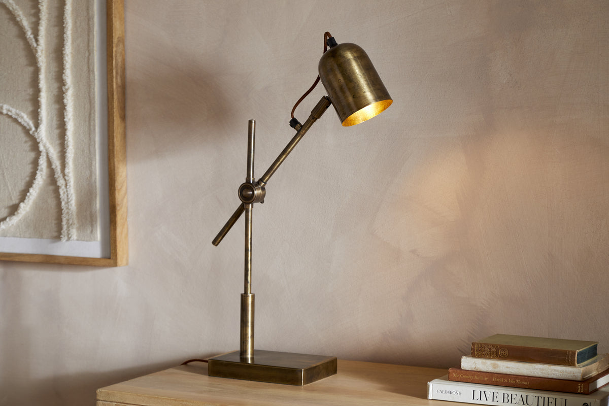 Thenkara Directional Desk Lamp - Antique Brass-LAMPS-Nkuku