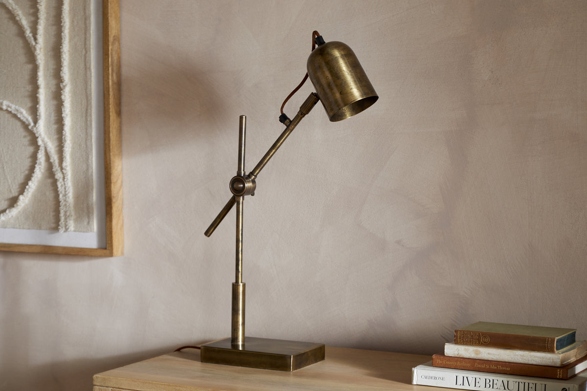 Thenkara Directional Desk Lamp - Antique Brass-LAMPS-Nkuku