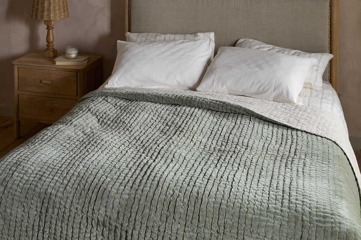 Nidra Velvet & Linen Bed Quilt - Sage Green - 220 x 240cm-TEXTILES-Nkuku
