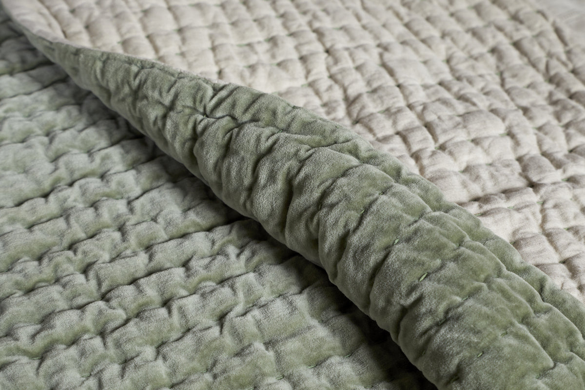 Nidra Velvet & Linen Bed Quilt - Sage Green - 220 x 240cm-TEXTILES-Nkuku