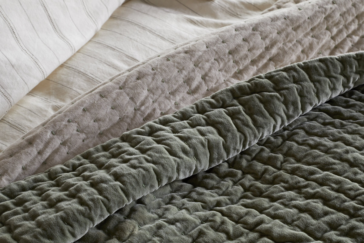 Nidra Velvet & Linen Bed Quilt - Sage Green - 220 x 240cm-TEXTILES-Nkuku
