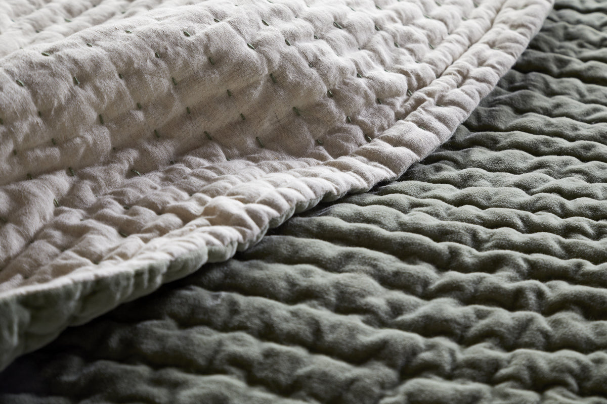 Nidra Velvet & Linen Bed Quilt - Sage Green - 220 x 240cm-TEXTILES-Nkuku
