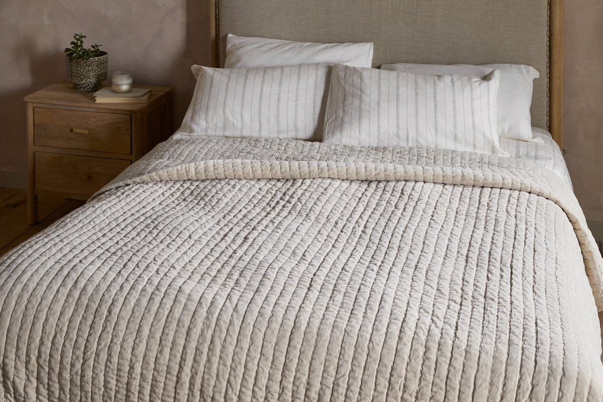 Nidra Velvet & Linen Bed Quilt - Natural - 220 x 240cm-TEXTILES-Nkuku