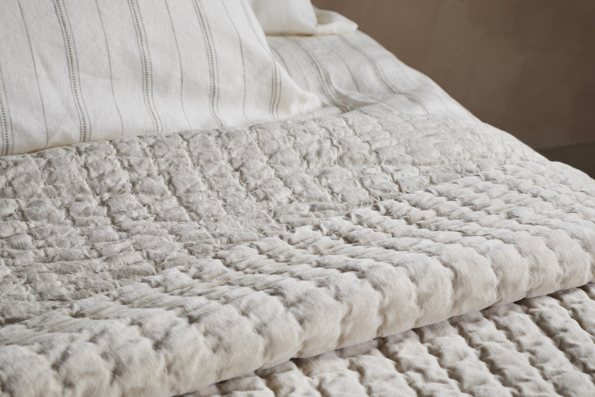 Nidra Velvet & Linen Bed Quilt - Natural - 220 x 240cm-TEXTILES-Nkuku