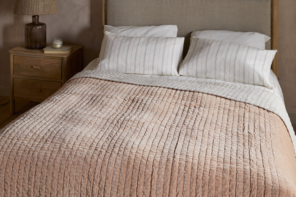 Nidra Velvet & Linen Bed Quilt - Dusty Pink - 220 x 240cm-TEXTILES-Nkuku