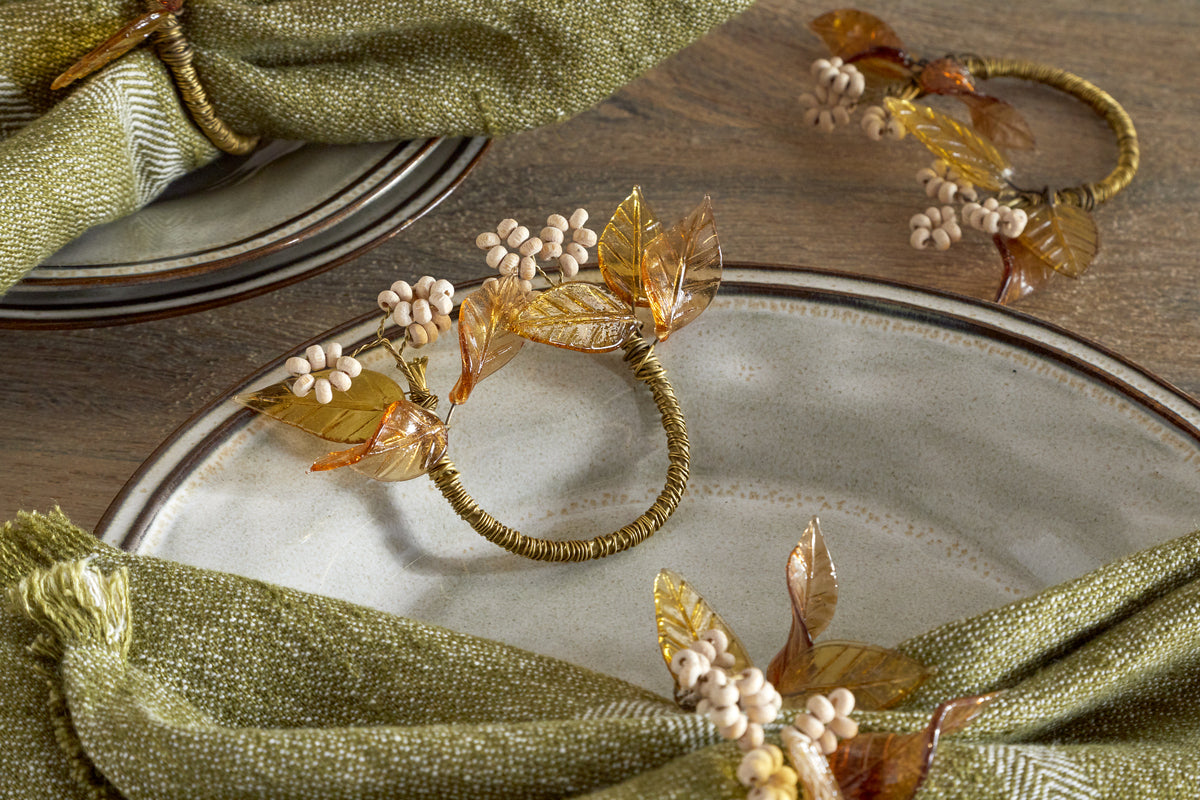 Parili Glass Leaf Napkin Rings - Natural & Rust - (Set of 4)-KITCHEN & DINING ACCESSORIES-Nkuku