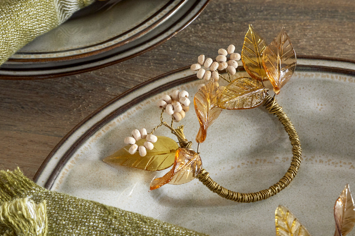 Parili Glass Leaf Napkin Rings - Natural & Rust - (Set of 4)-KITCHEN & DINING ACCESSORIES-Nkuku