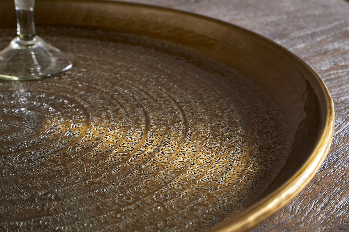 Dhanya Round Tray - Antique Brass-SERVEWARE-Nkuku