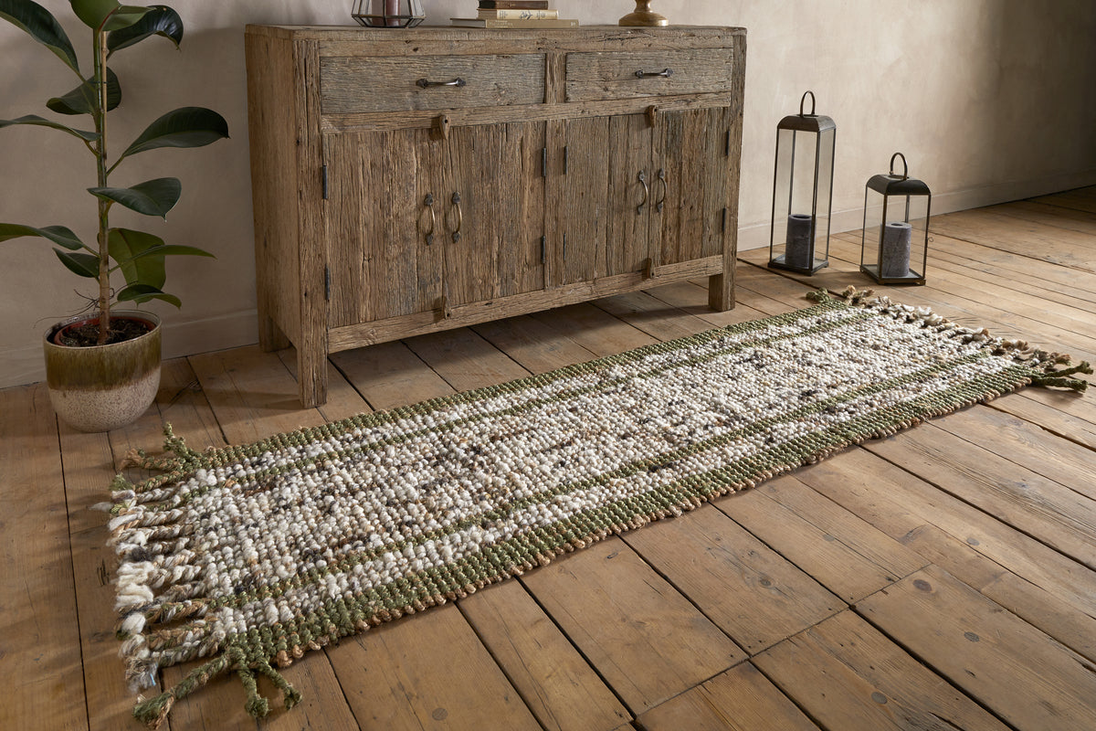 Kanta Jute & Textural Tweed Runner - Olive Green - 66 x 200cm-RUGS-Nkuku