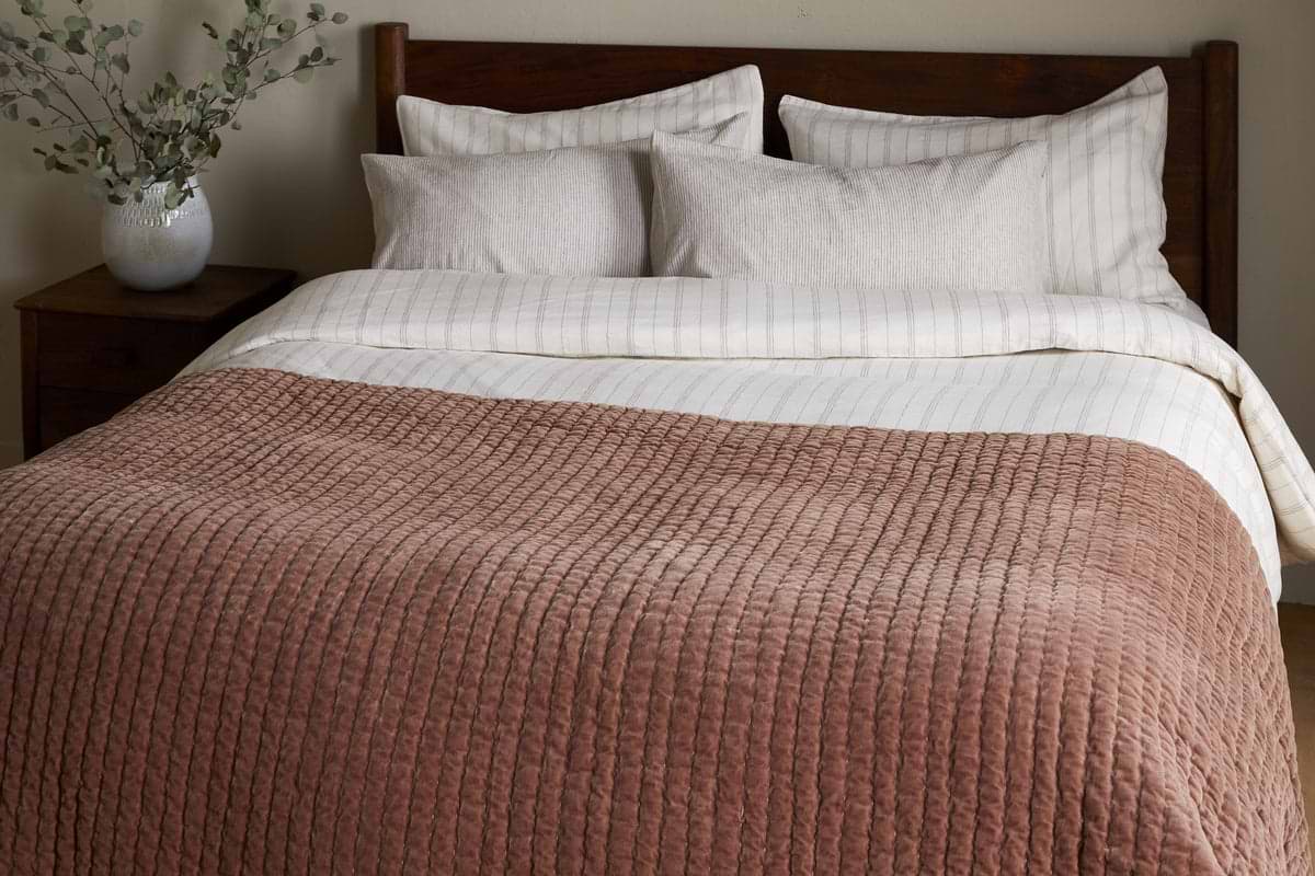 Nidra Velvet & Linen Bed Quilt - Rust-TEXTILES-Nkuku