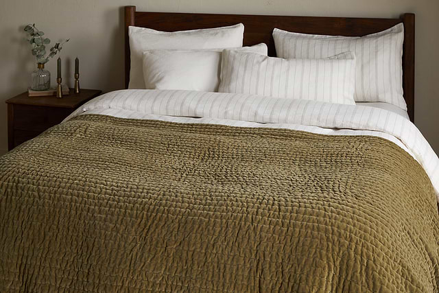 Nidra Velvet & Linen Bed Quilt - Moss-TEXTILES-Nkuku