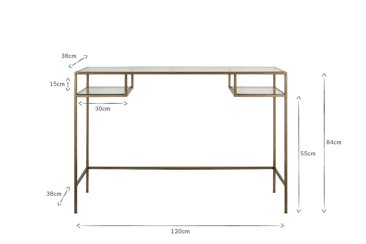 The Nakuru Iron & Glass Console Table by nkuku is shown, featuring a glass top, gold metal frame, and two 30cm wide open side shelves. Measuring 120cm wide, arrows highlight the chic design of this hallway console in the image.