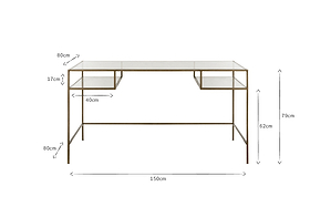 The Nakuru Iron & Glass Desk by nkuku features a modern glass top, slimline brass frame, and two shelf-like compartments. Ideal as stylish home office furniture. Dimensions: 150cm W x 79cm H x 80cm D with detailed shelving and leg measurements.