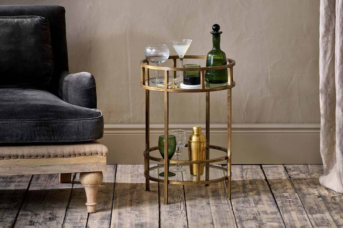 Nakuru Iron & Glass Drinks Table - Brass-TABLES-Nkuku