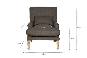 The Nalla Wool Armchair by nkuku, in charcoal, features a subtle herringbone pattern and light wooden legs. Shown front-facing with dimensions: 80cm W x 96cm H x 92cm D, plus a matching cushion on the seat.