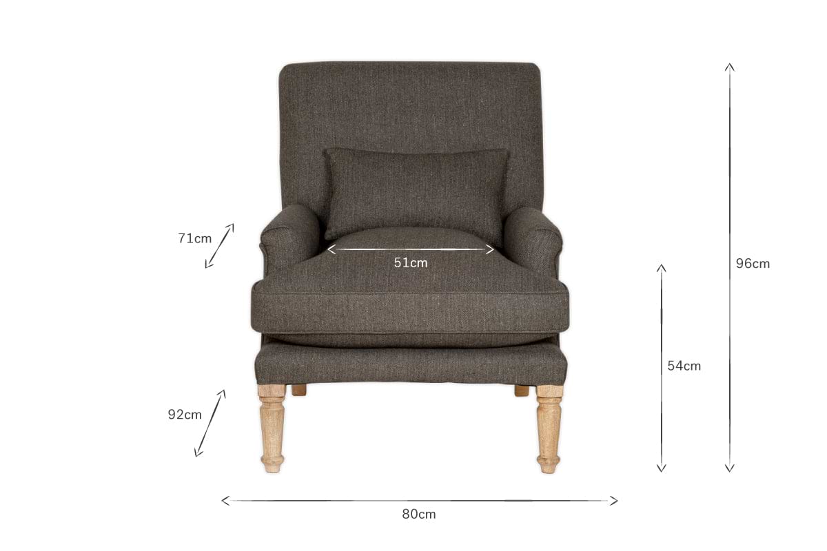 The Nalla Wool Armchair by nkuku, in charcoal, features a subtle herringbone pattern and light wooden legs. Shown front-facing with dimensions: 80cm W x 96cm H x 92cm D, plus a matching cushion on the seat.