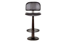The Narwana Bar Chair - Aged Black by nkuku is a tall, black industrial-style stool with a ribbed leather padded backrest and seat, circular metal footrest, and round base—shown on a plain white background.