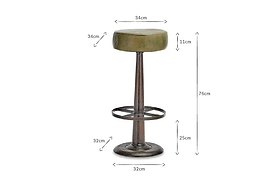 The Narwana Leather Round Stool - Rich Green by nkuku features a distressed green leather seat (34cm diameter, 11cm height), a metal stem with footrest, and a 32cm base; ideal bar stool for any kitchen island. Total height: 76cm.