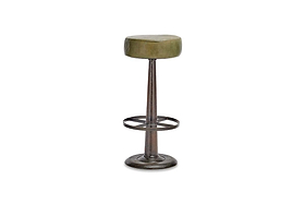 The Narwana Leather Round Stool in Rich Green by nkuku features a round cushioned seat, single tapered leg, circular footrest, and wide base—an industrial minimalist metal design ideal for modern kitchens and bar areas.