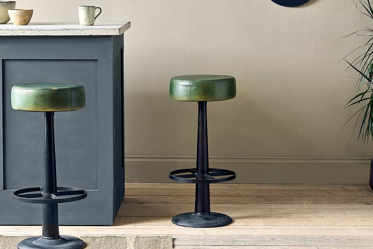 Narwana Leather Round Stool - Rich Green-SEATING-Nkuku