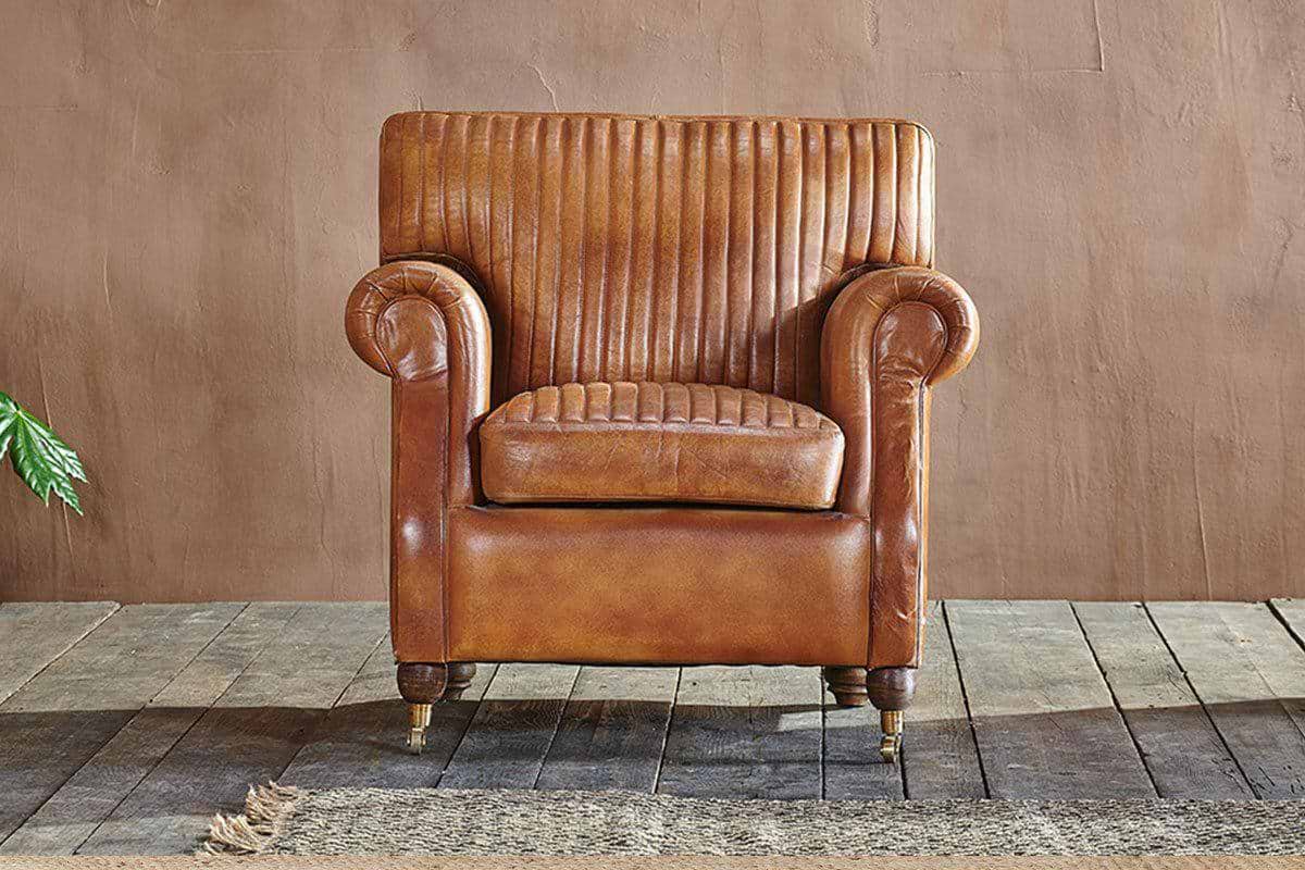 Narwana Ribbed Leather Armchair - Aged Tan-SEATING-Nkuku