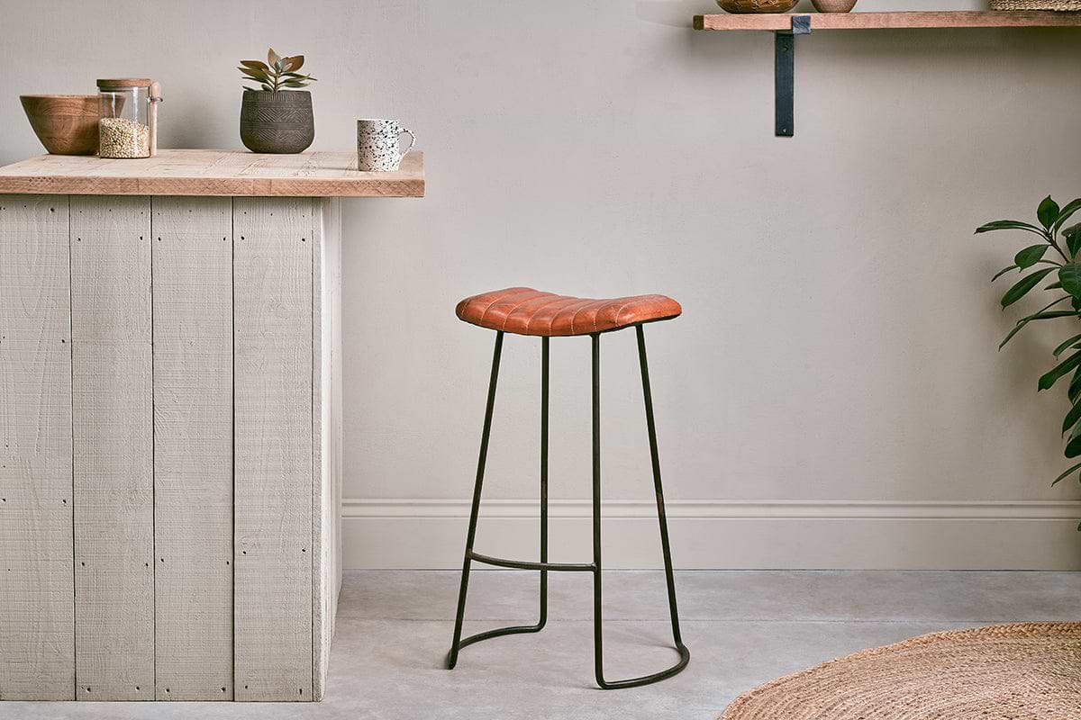 Narwana Ribbed Leather Stool - Aged Tan - Large-SEATING-Nkuku