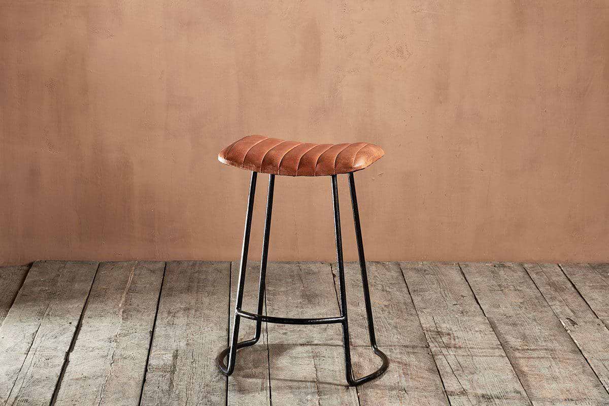 Narwana Ribbed Leather Stool - Aged Tan - Small-SEATING-Nkuku