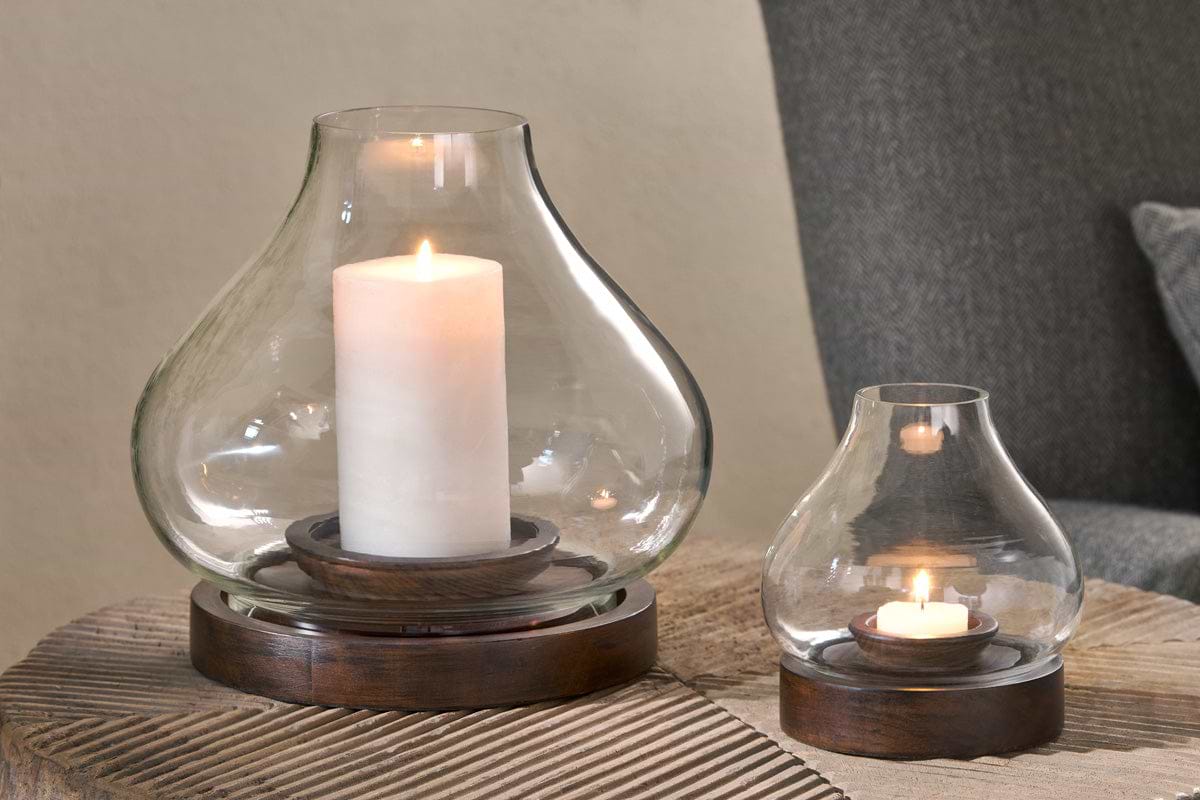 Naryla Mango Wood Lantern - Dark Stain & Clear-CANDLES HOLDERS & LANTERNS-Nkuku