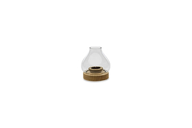 The nkuku Naryla Mango Wood Lantern - Natural features a small, modern design with a round mango wood base and clear, bulb-shaped recycled glass chimney, showcasing minimalism and natural wood texture.