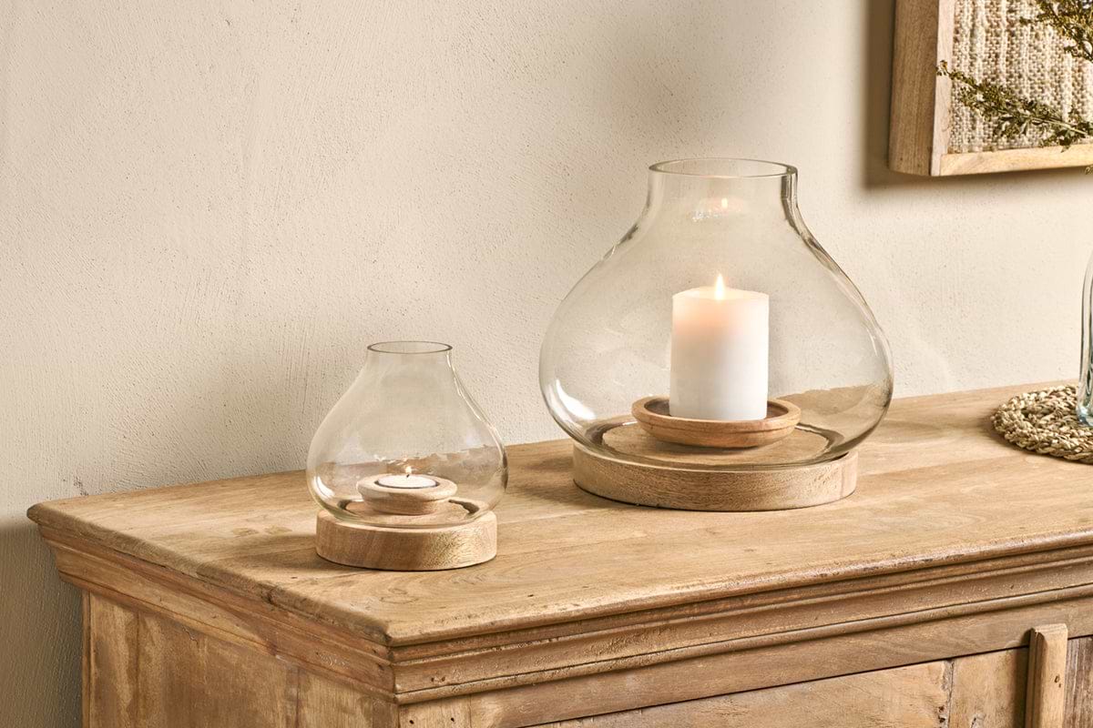 Naryla Mango Wood Lantern - Natural-CANDLES HOLDERS & LANTERNS-Nkuku