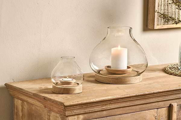 Naryla Mango Wood Lantern - Natural-CANDLES HOLDERS & LANTERNS-Nkuku