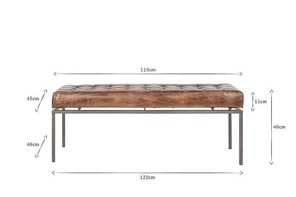 The nkuku Nasan Leather Upholstered Bench, featuring tufted tan leather and a solid iron frame, is shown against a white background with measurement arrows: width 122cm, seat width 115cm, height 46cm, seat thickness 11cm, and seat height 45cm.