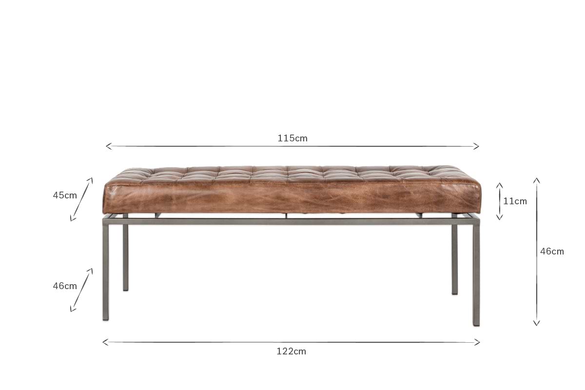 The nkuku Nasan Leather Upholstered Bench, featuring tufted tan leather and a solid iron frame, is shown against a white background with measurement arrows: width 122cm, seat width 115cm, height 46cm, seat thickness 11cm, and seat height 45cm.