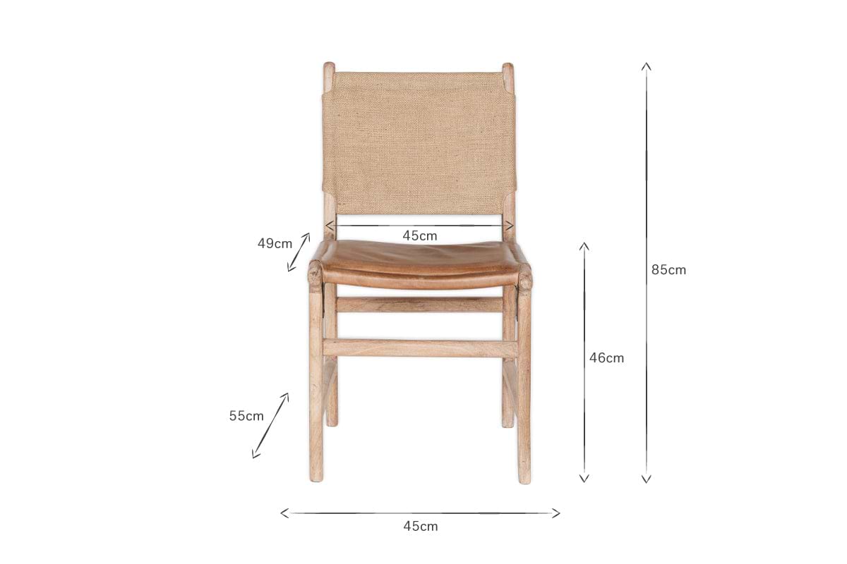 The Nayan Leather & Jute Dining Chair by nkuku features a mango wood frame, woven backrest, curved seat, and tan leather. Dimensions: chair height 85cm, seat height 46cm, width 45cm, depth 49cm, leg height 55cm. Plain white background.
