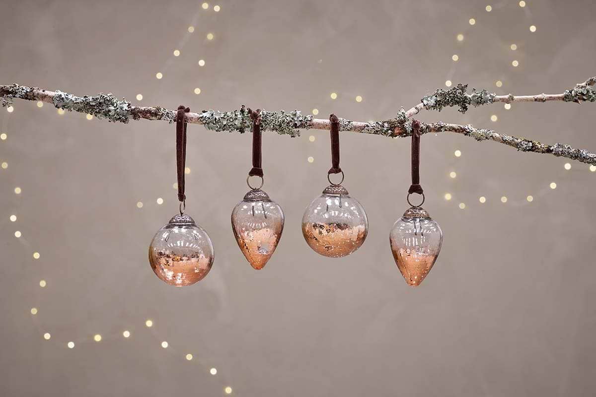 Nevasa Baubles - Clear & Antique Copper (Set of 4)-CHRISTMAS DECORATIONS-Nkuku