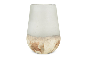 The nkuku Ngolo Recycled Glass Vase - Aged Smoke features a frosted, matte finish, blending translucent white with sandy beige and brown tones for a natural stone effect. Its smooth, rounded shape and uneven rim add unique charm.