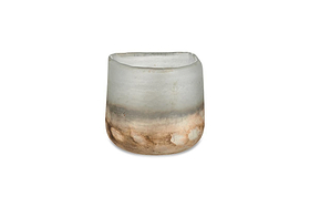The nkuku Ngolo Tealight Holder - Aged Smoke is a small, cylindrical holder made from recycled glass. Its frosted surface fades from grayish-white to brown, and its irregular rim beautifully catches light against a white background.
