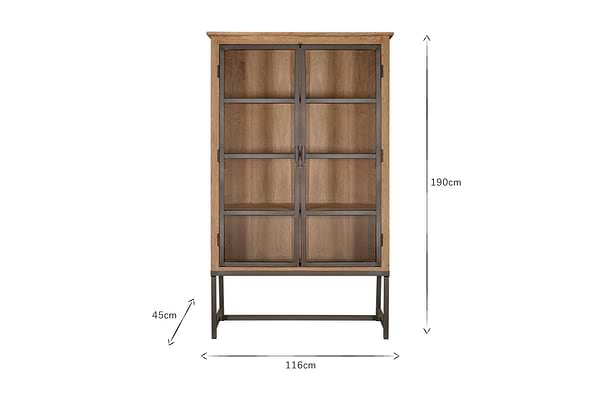 The Nirvi Wood & Iron Cabinet - Black by nkuku features mango wood cabinetry, two glass doors, a black metal frame, four shelves, and stands 190cm tall, 116cm wide, and 45cm deep on a metal base against a white background.