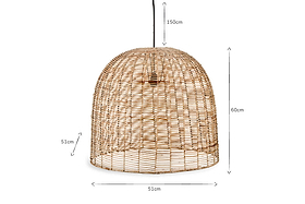 The nkuku Noko Wicker Dome Pendant - Large is a woven rattan light with a 51cm diameter, 60cm height, and 150cm cord, shown on a white background with labeled arrows—ideal for adding elegant lighting to your space.