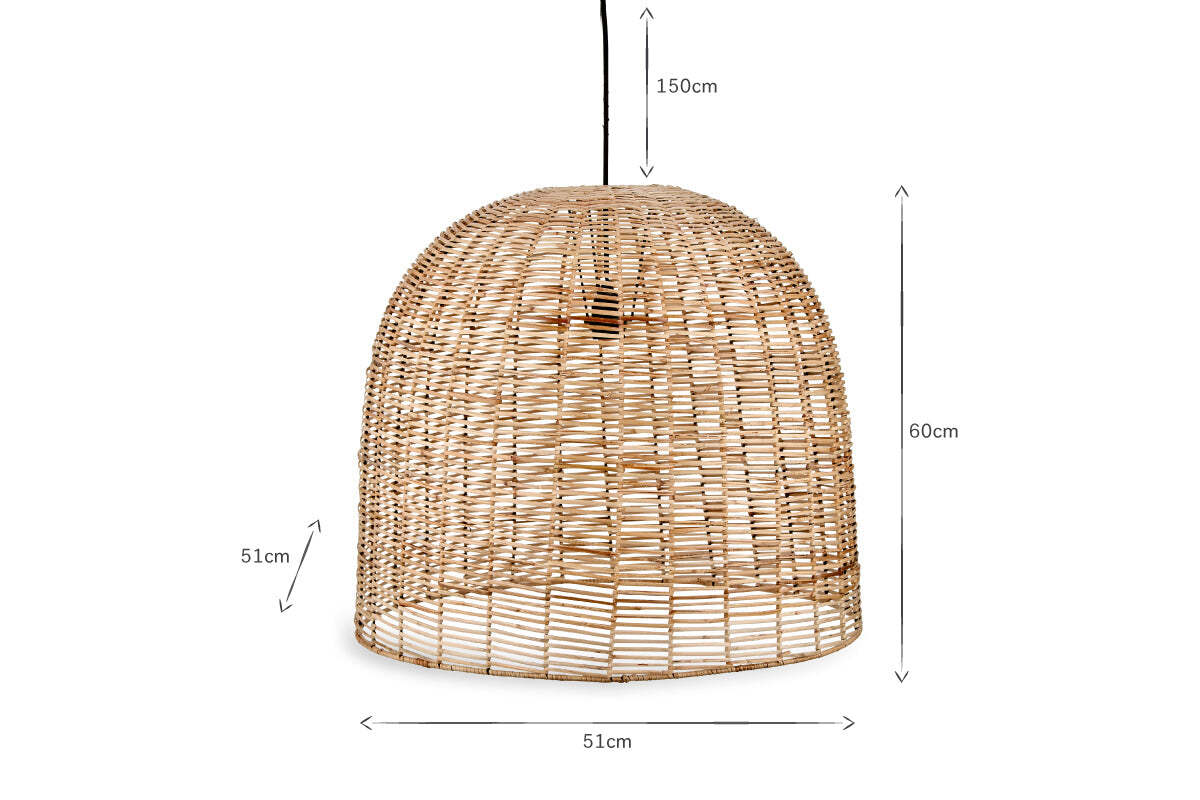 The nkuku Noko Wicker Dome Pendant - Large is a woven rattan light with a 51cm diameter, 60cm height, and 150cm cord, shown on a white background with labeled arrows—ideal for adding elegant lighting to your space.