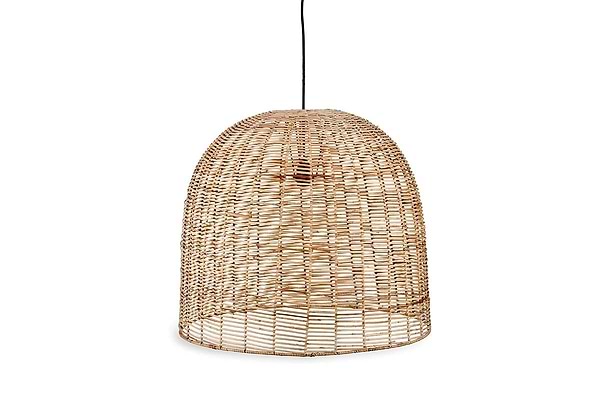 The nkuku Noko Wicker Dome Pendant - Large features a natural woven rattan dome and open weave for airy, elegant light. It hangs from a black cord, bringing warmth and style to any space.