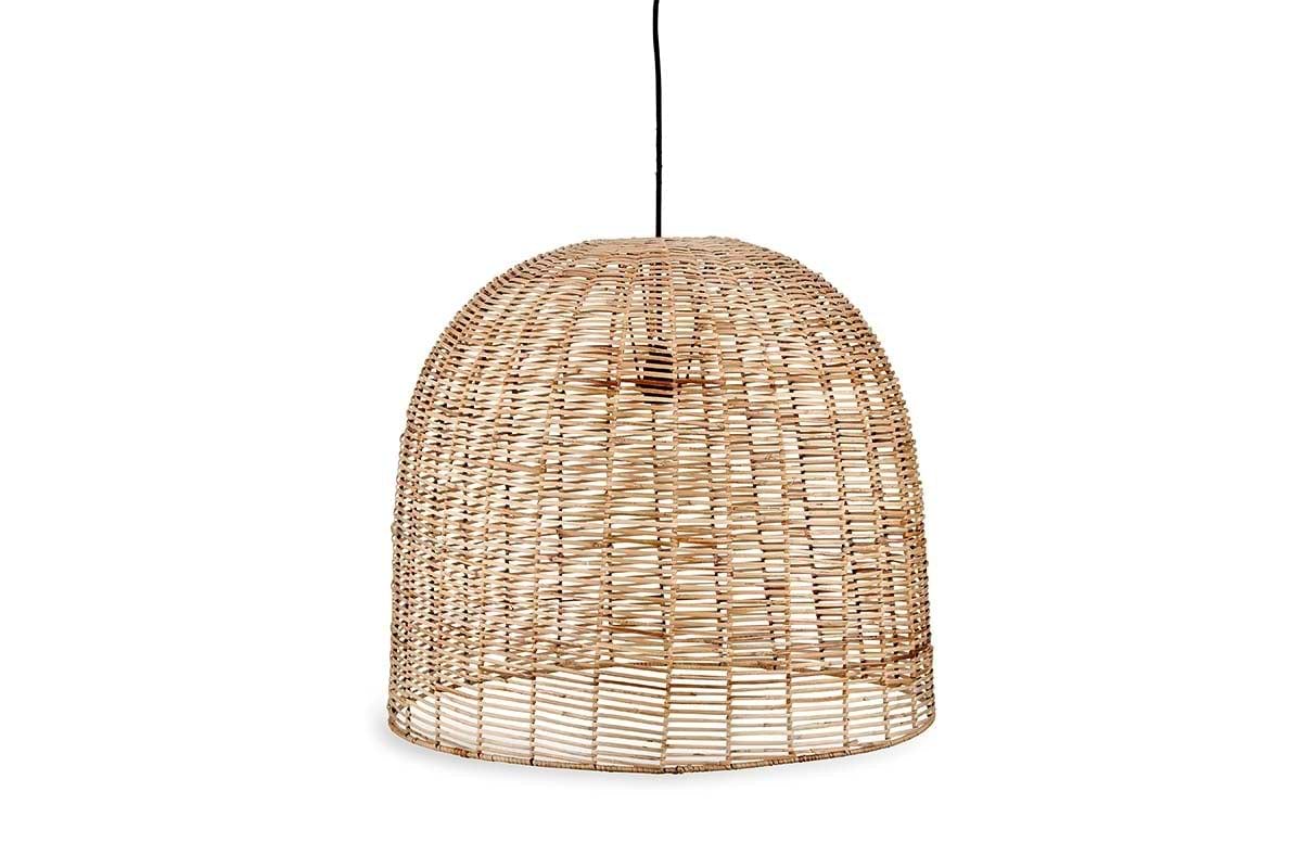 The nkuku Noko Wicker Dome Pendant - Large features a natural woven rattan dome and open weave for airy, elegant light. It hangs from a black cord, bringing warmth and style to any space.
