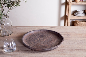 Nyati Mango Wood Etched Round Tray - Dark Brown